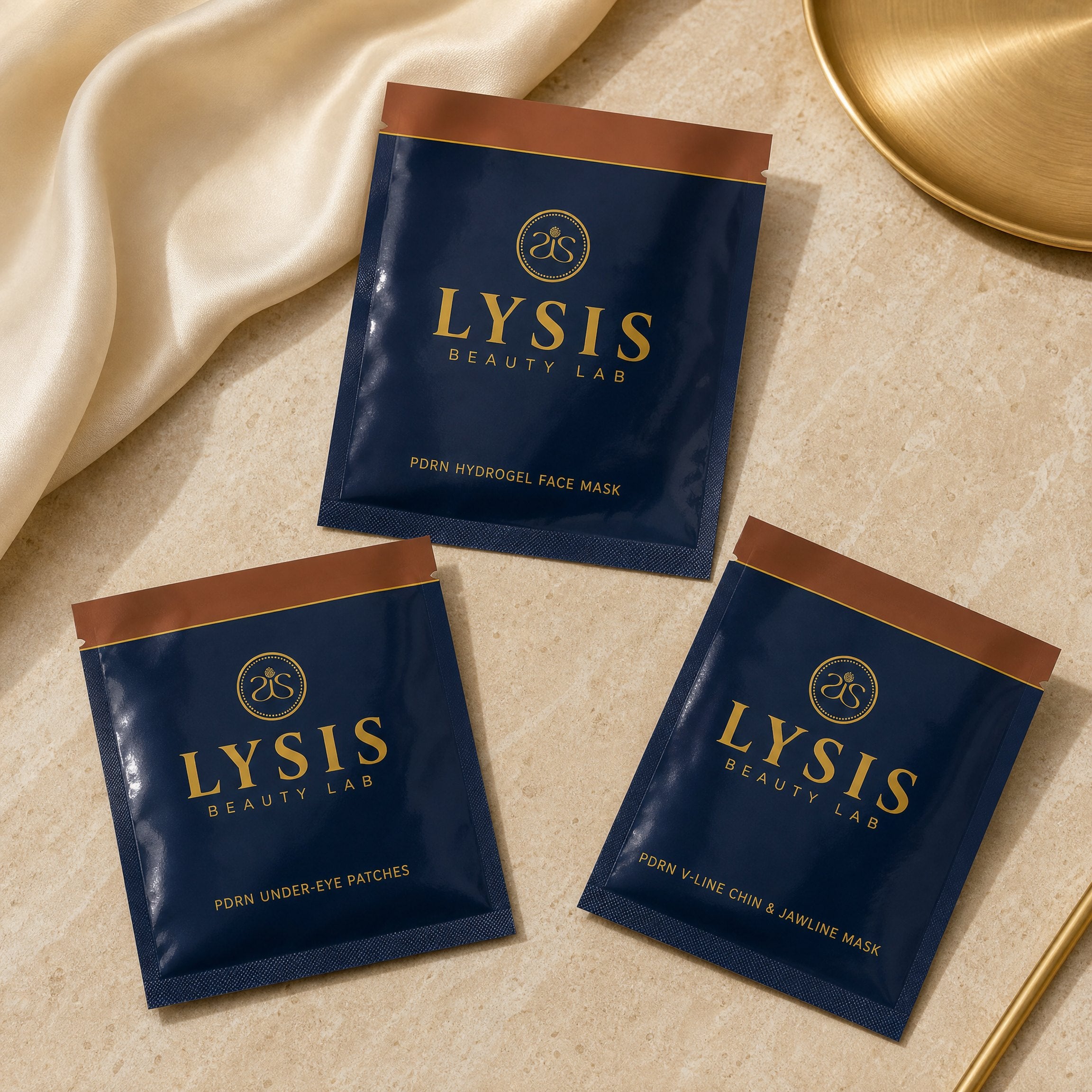 LYSIS three-zone PDRN hydrogel ritual flat lay