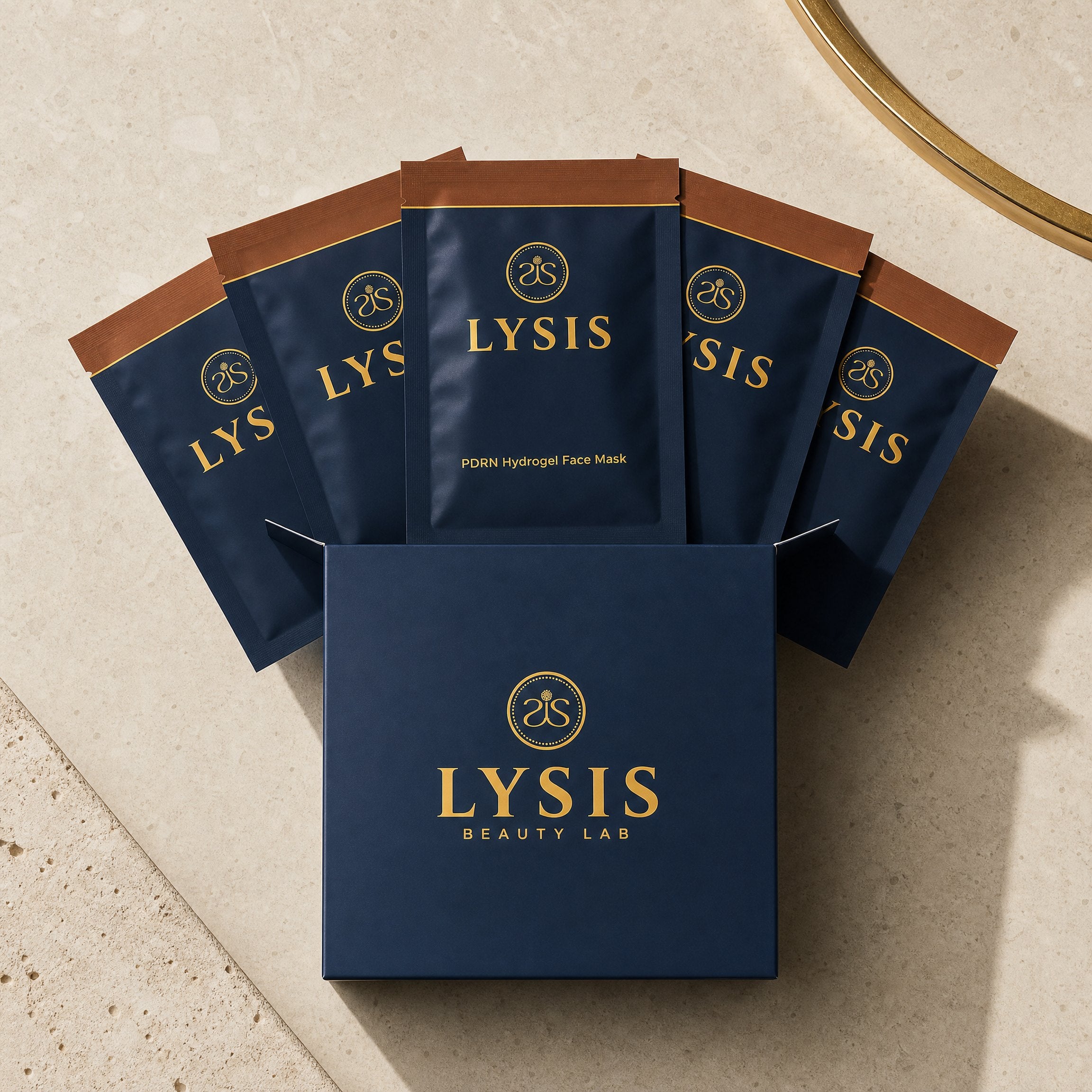 LYSIS deep navy hydrogel sachets in premium unboxing presentation